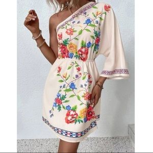 Boho floral print one arm mini dress